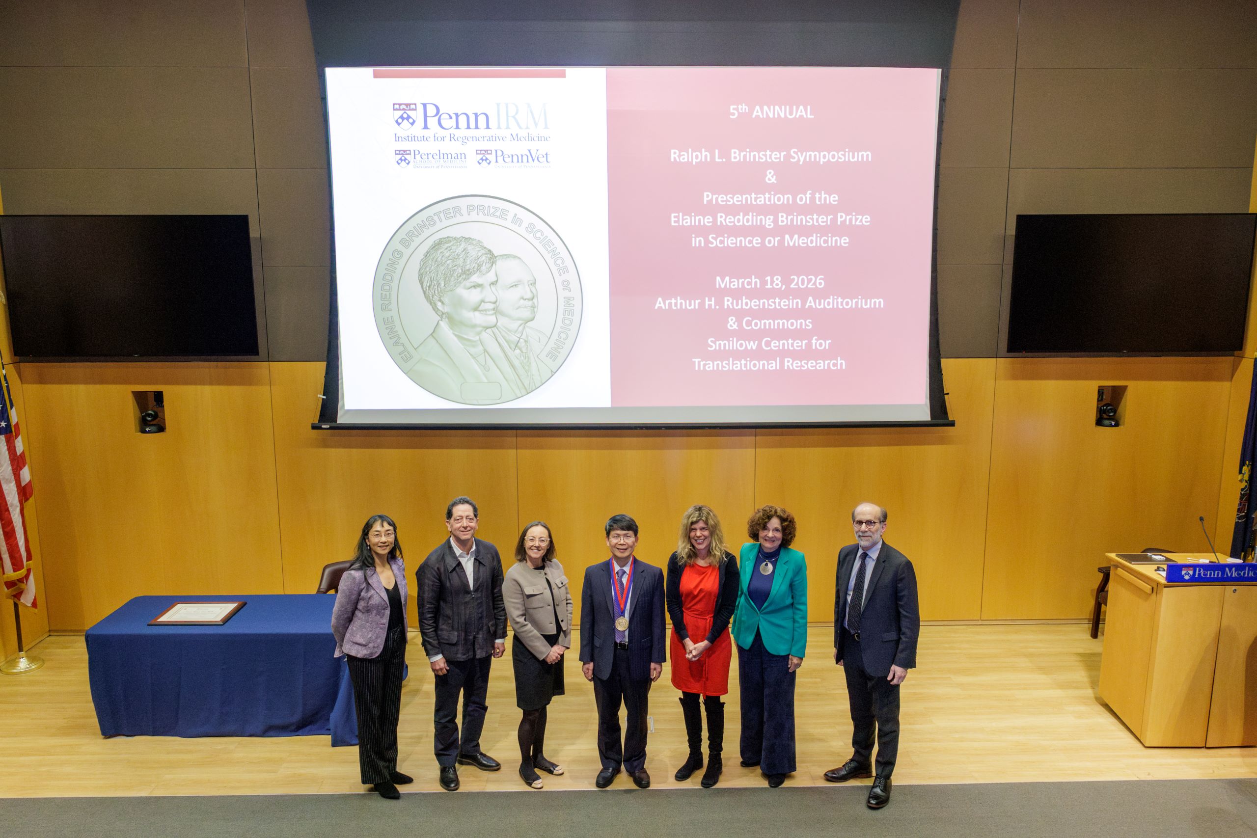 2026 Elaine Redding Brinster Prizewinner photographed with IRM Leadership and Ralph L. Brinster Symposium Speakers (Drs Shokat, Arlotta, Brunet, and Blau).
